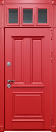 Стальная уличная термодверь со стеклом во фрамуге и красными панелями МДФ с багетом