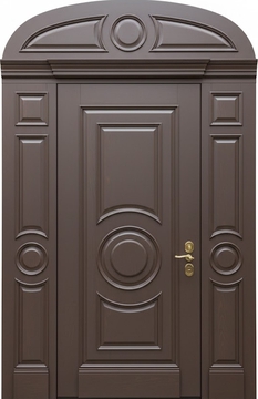 Парадная входная группа с терморазрывом, арочной фрамугой, карнизом и панелями МДФ с багетом Парадная входная группа с терморазрывом, арочной фрамугой, карнизом и панелями МДФ с багетом